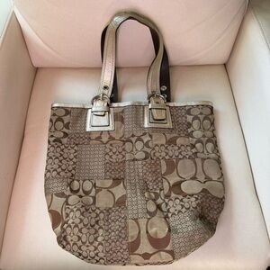 Coach Patchwork Signature Tote in Brown and Metallic